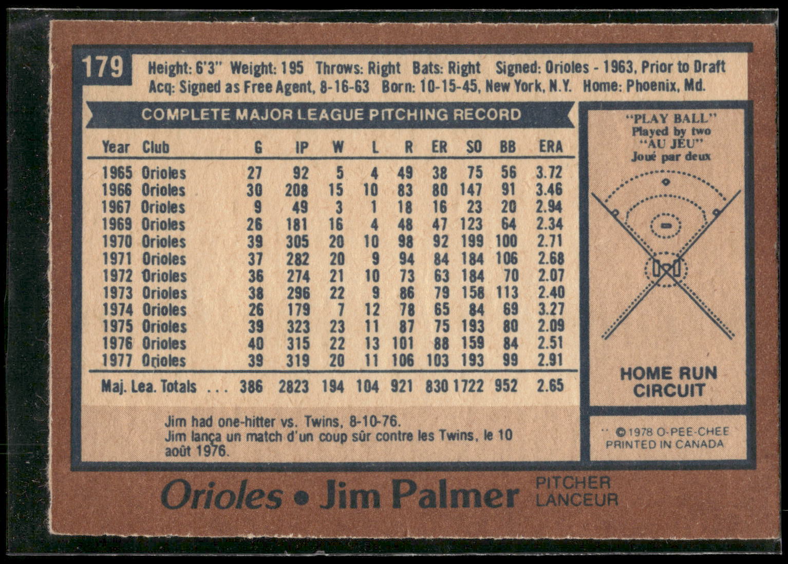 1978 O-Pee-Chee #179 Jim Palmer