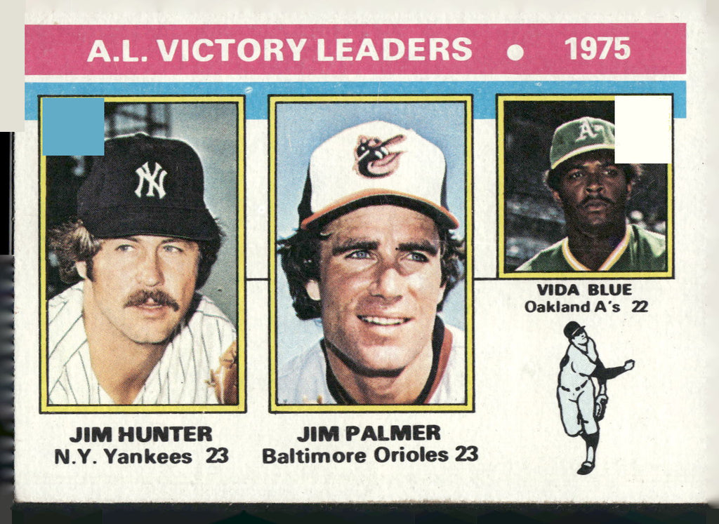 1976 Topps #200 1975 AL Victory Leaders (Jim Hunter / Jim Palmer / Vida Blue)