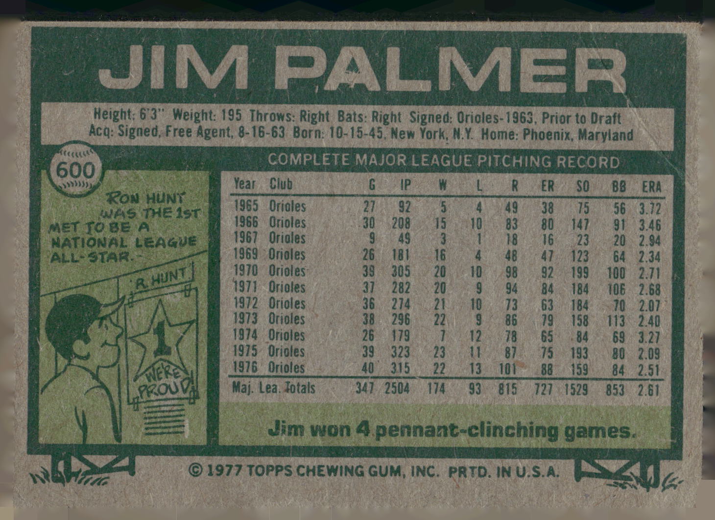 1977 Topps #600 Jim Palmer