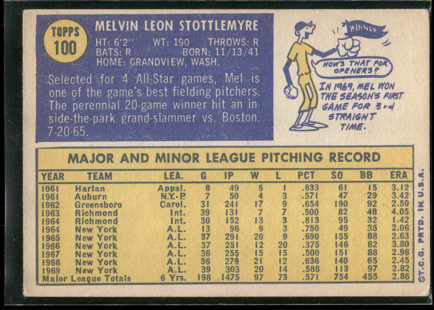 1970 Topps #100 Mel Stottlemyre