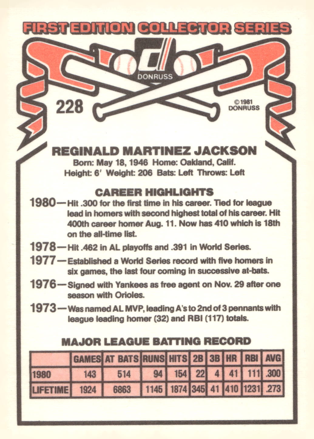 1981 Donruss #228 Reggie Jackson