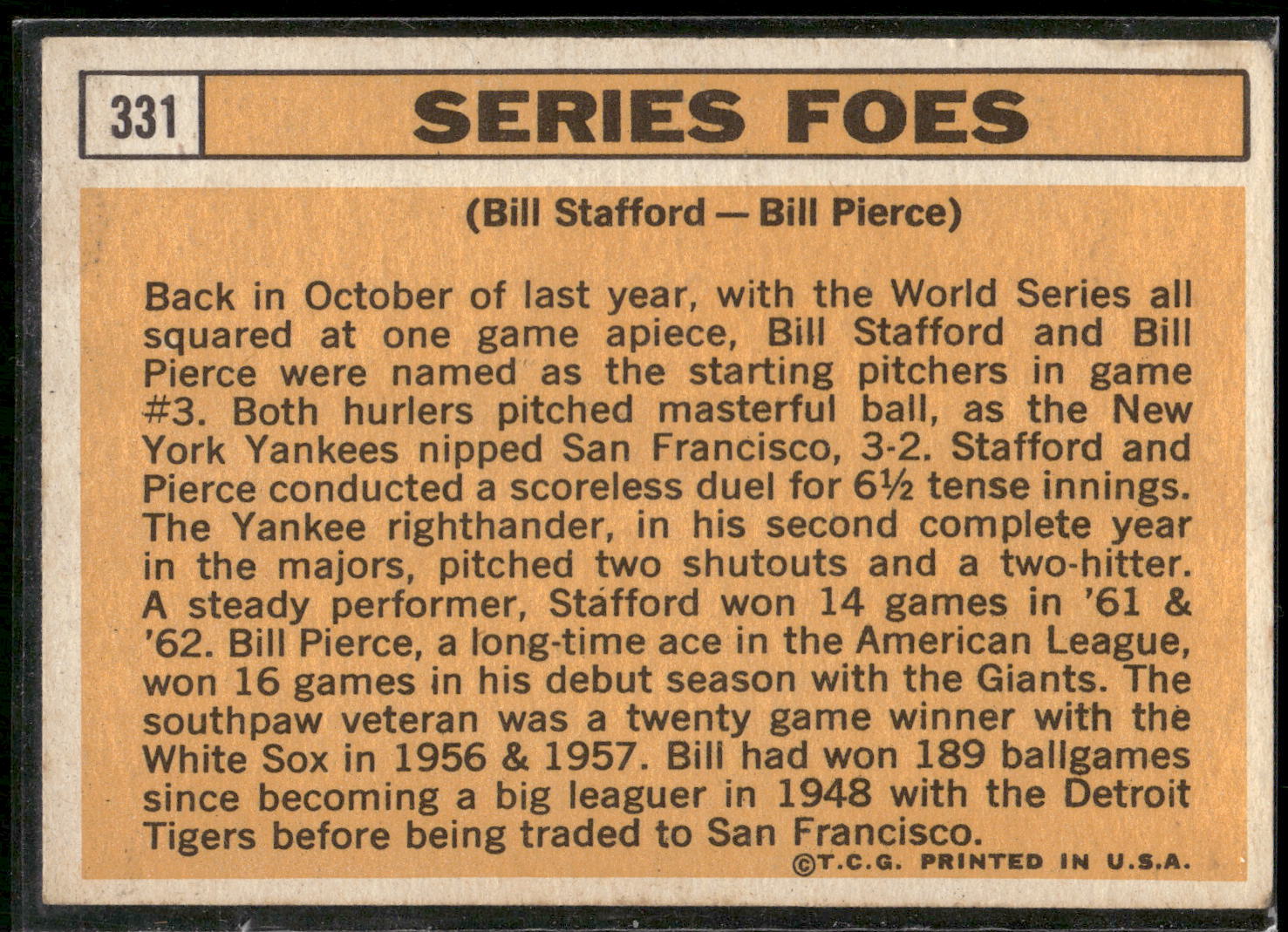 1963 Topps #331 Series Foes (Billy Pierce / Bill Stafford)