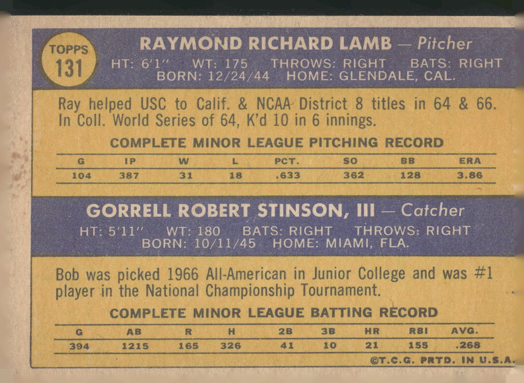 1970 Topps #131 Dodgers 1970 Rookie Stars (Ray Lamb / Bob Stinson)