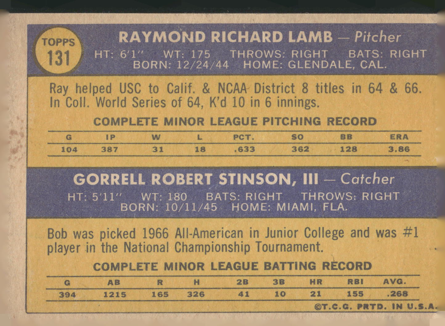 1970 Topps #131 Dodgers 1970 Rookie Stars (Ray Lamb / Bob Stinson)