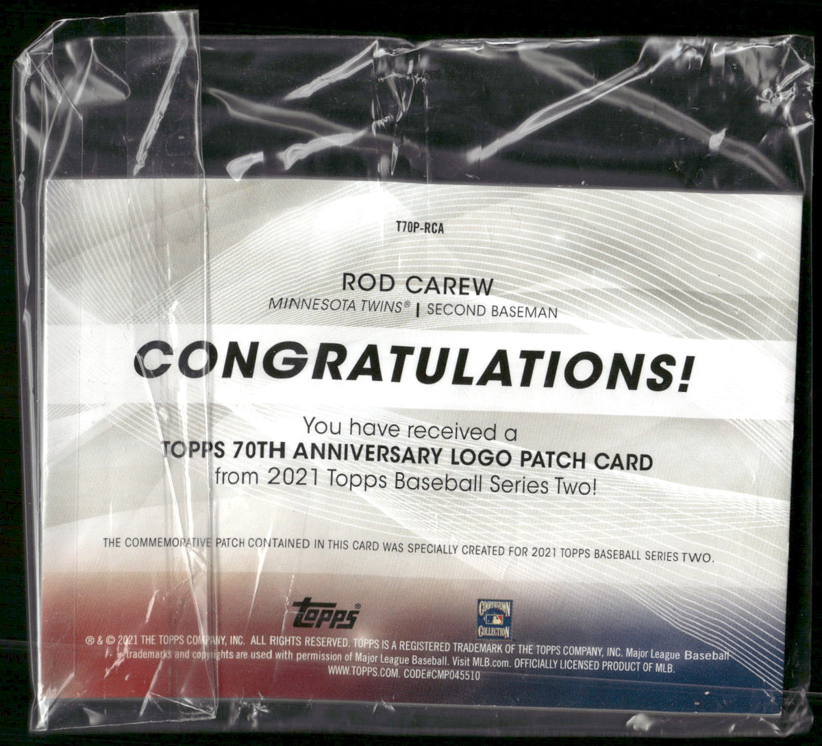 2021 Topps #T70P-RCA Rod Carew 70th Anniversary Logo Patch Platinum Anniversar