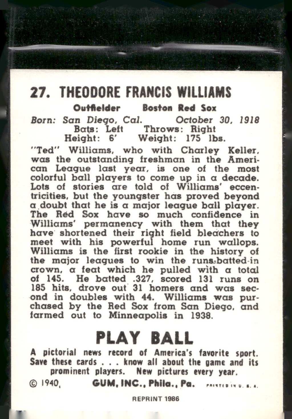 1986 1940 Play Ball (Reprint) #27 Ted Williams