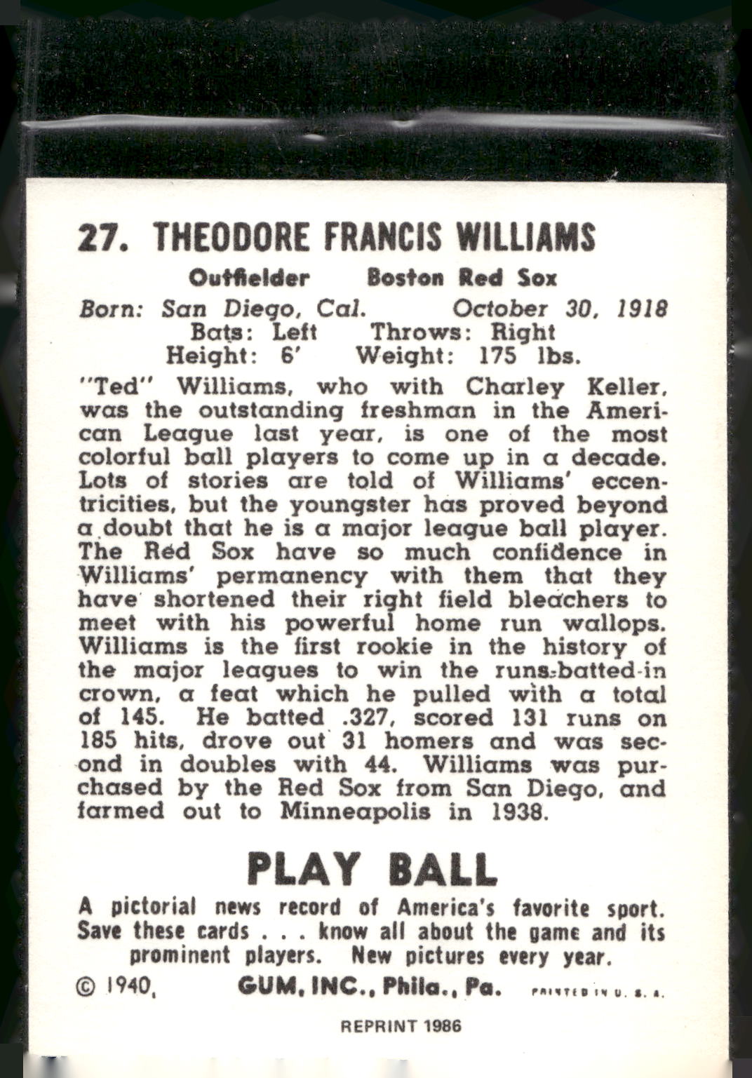 1986 1940 Play Ball (Reprint) #27 Ted Williams