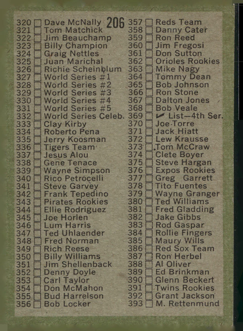 1971 Topps #206 Checklist: 264-393