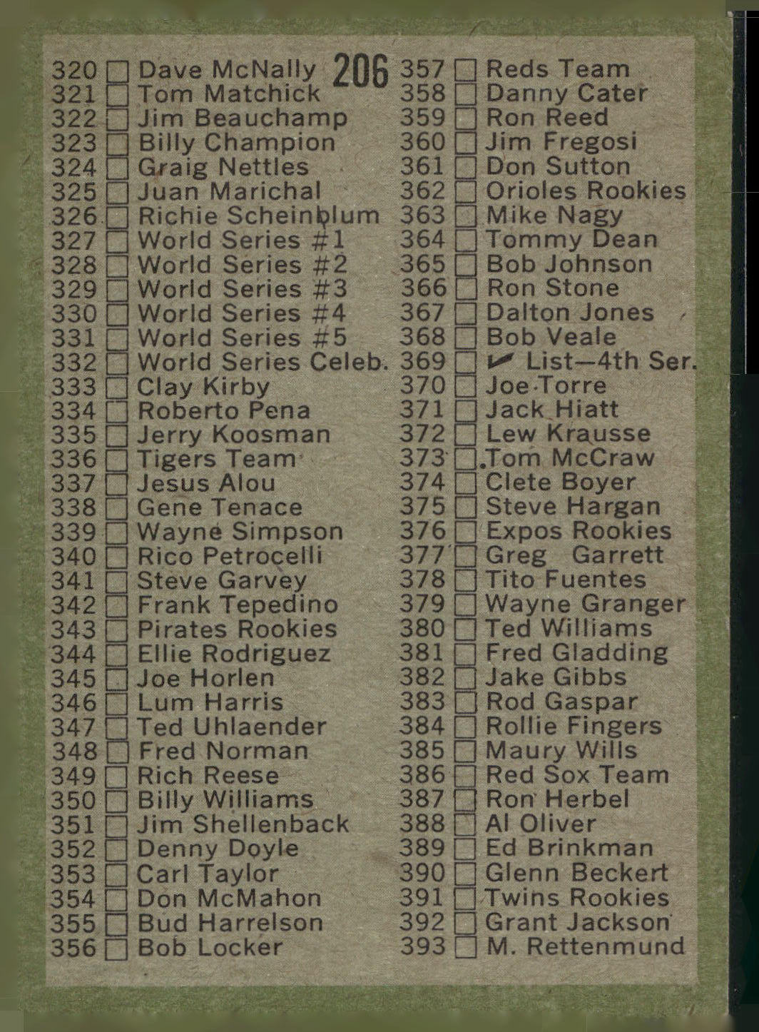 1971 Topps #206 Checklist: 264-393