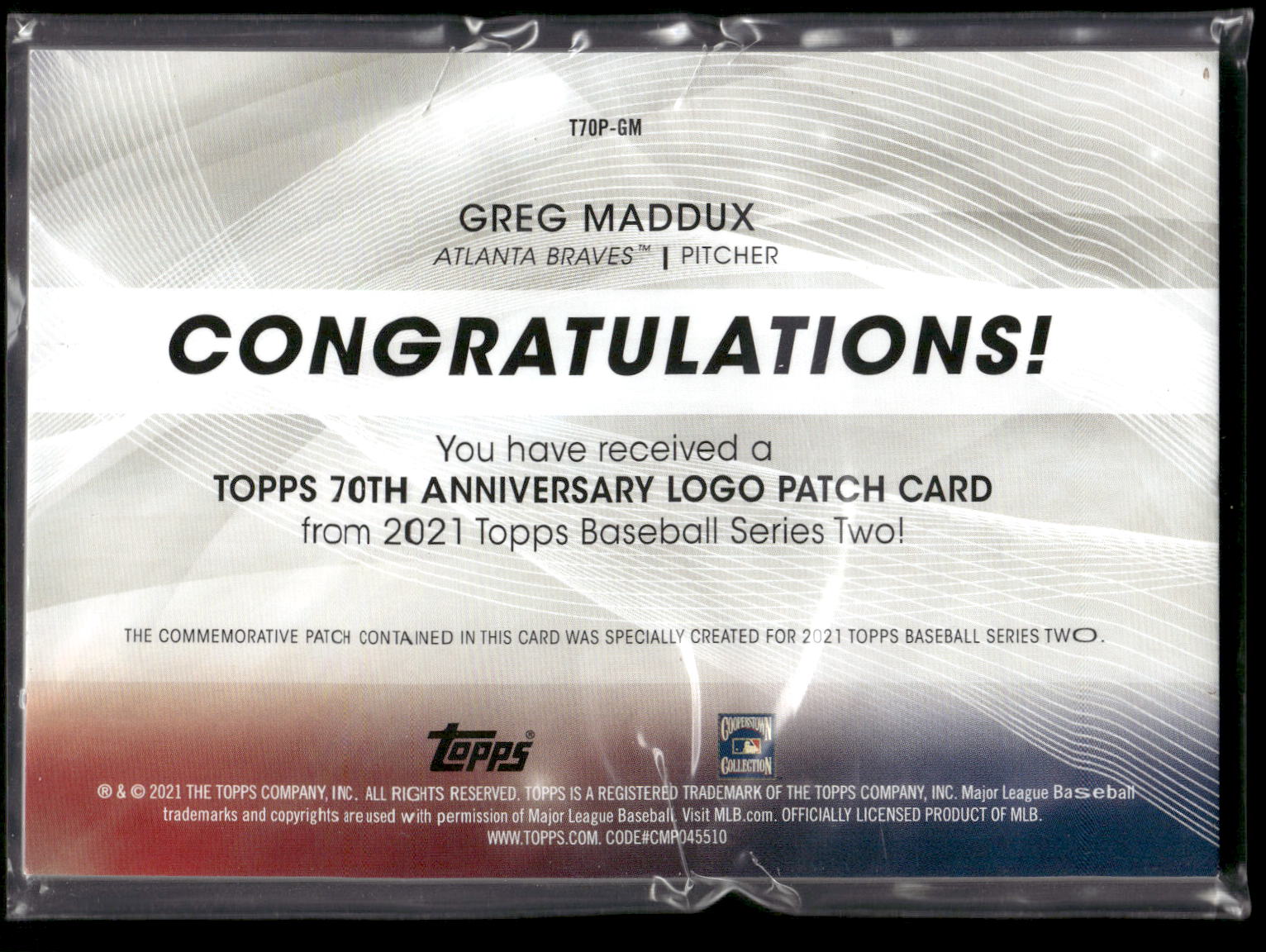 2021 Topps #T70P-GM Greg Maddux 70th Anniversary Logo Patch (Series 2)