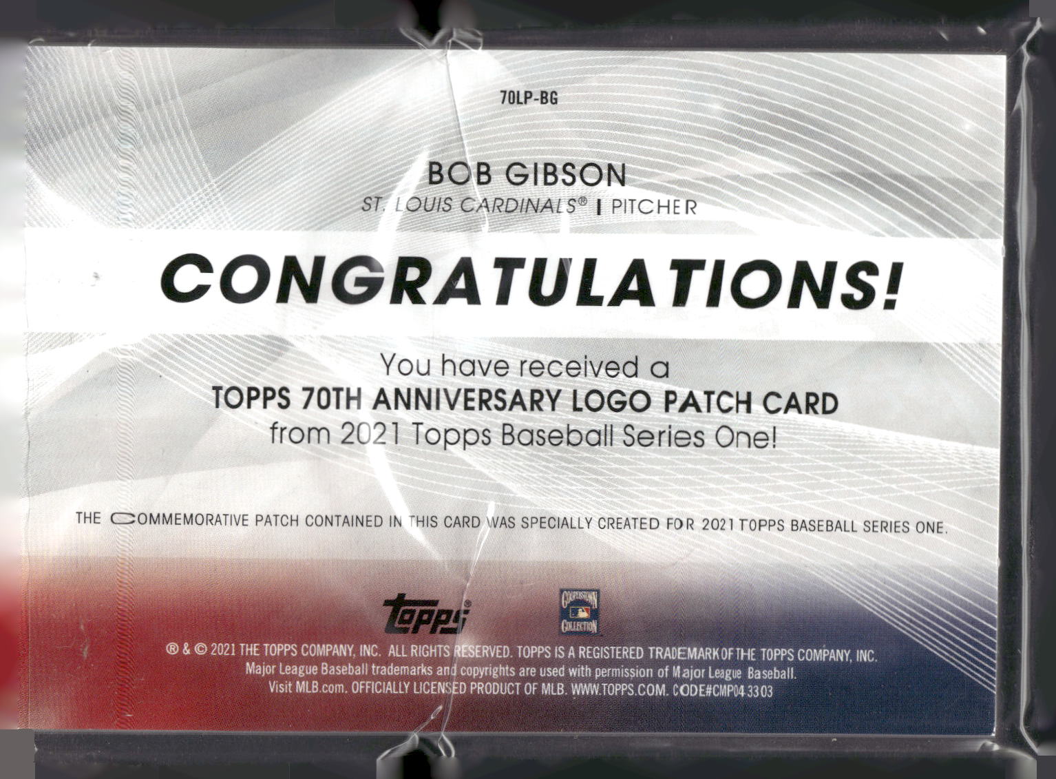 2021 Topps #70LP-BG Bob Gibson 70th Anniversary Logo Patch (Series 1)