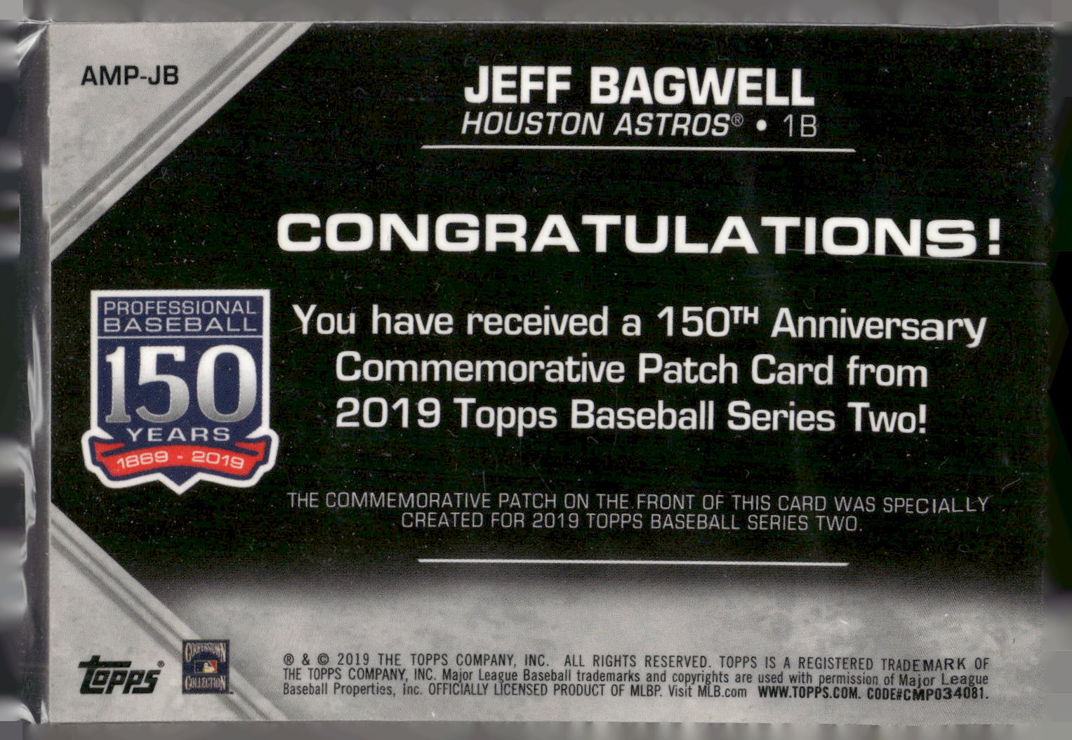 2019 Topps #AMP-JB Jeff Bagwell 150th Anniversary Commemorative Patches