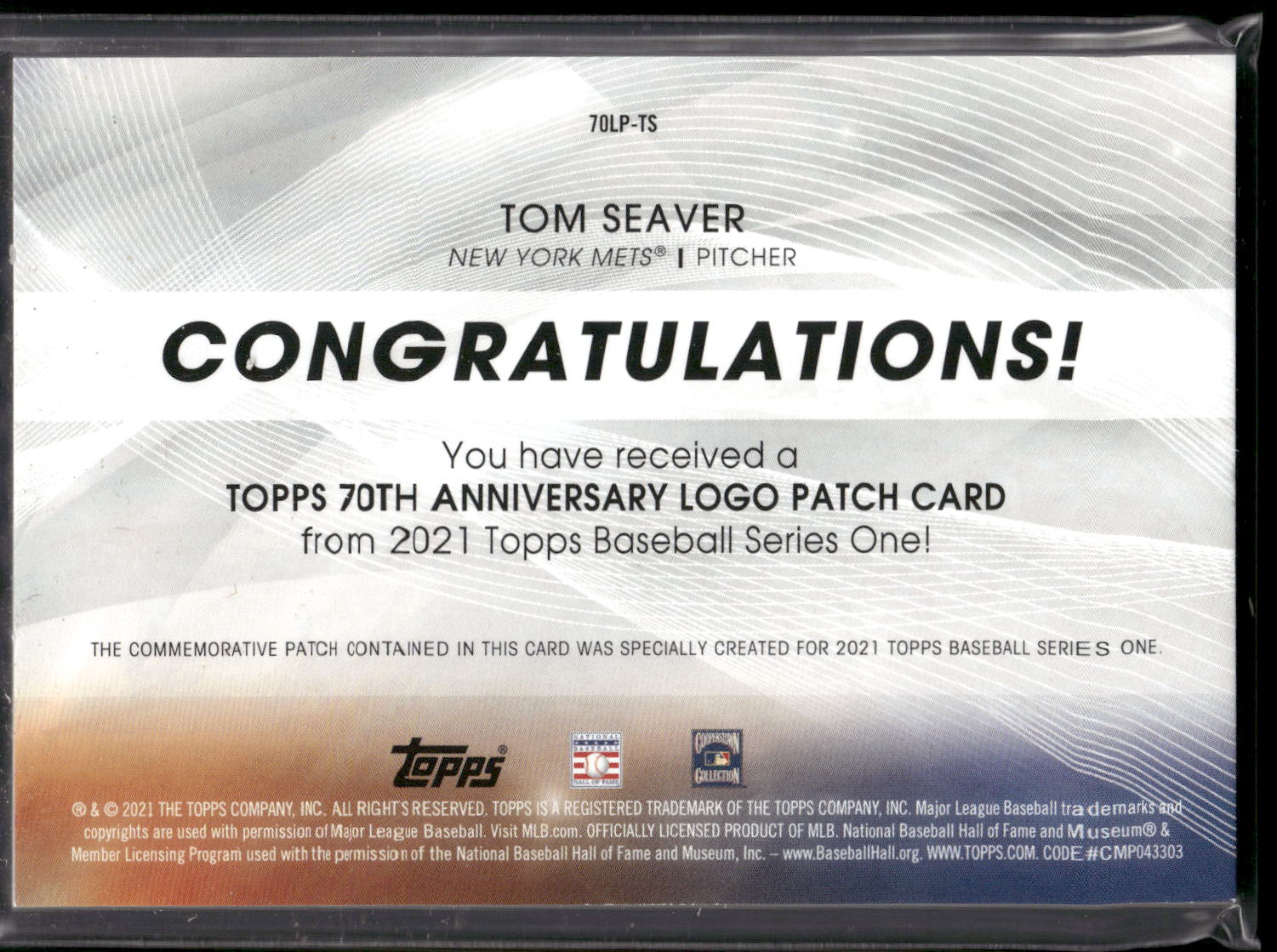 2021 Topps #70LP-TS Tom Seaver 70th Anniversary Logo Patch (Series 1)