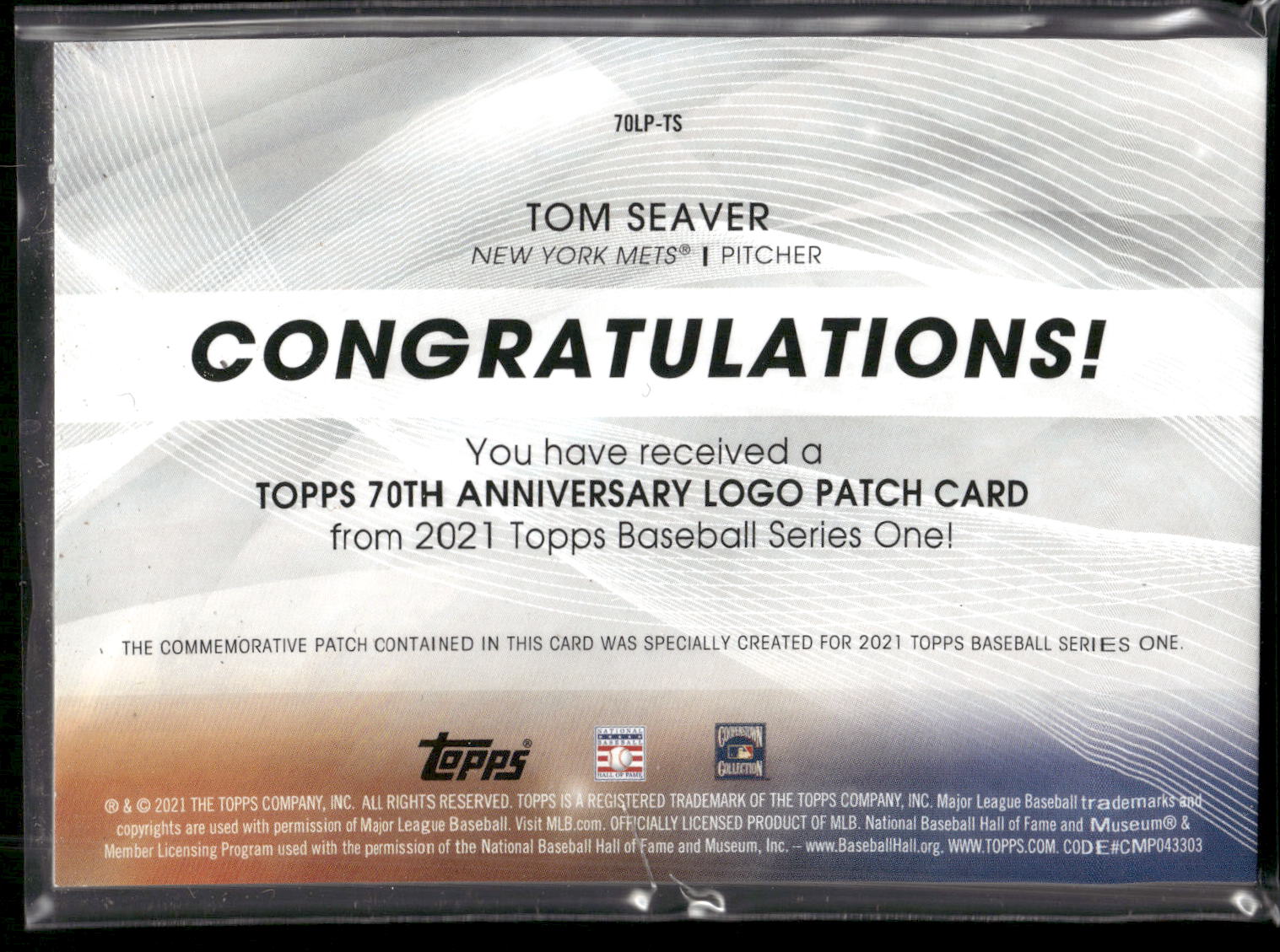 2021 Topps #70LP-TS Tom Seaver 70th Anniversary Logo Patch (Series 1)