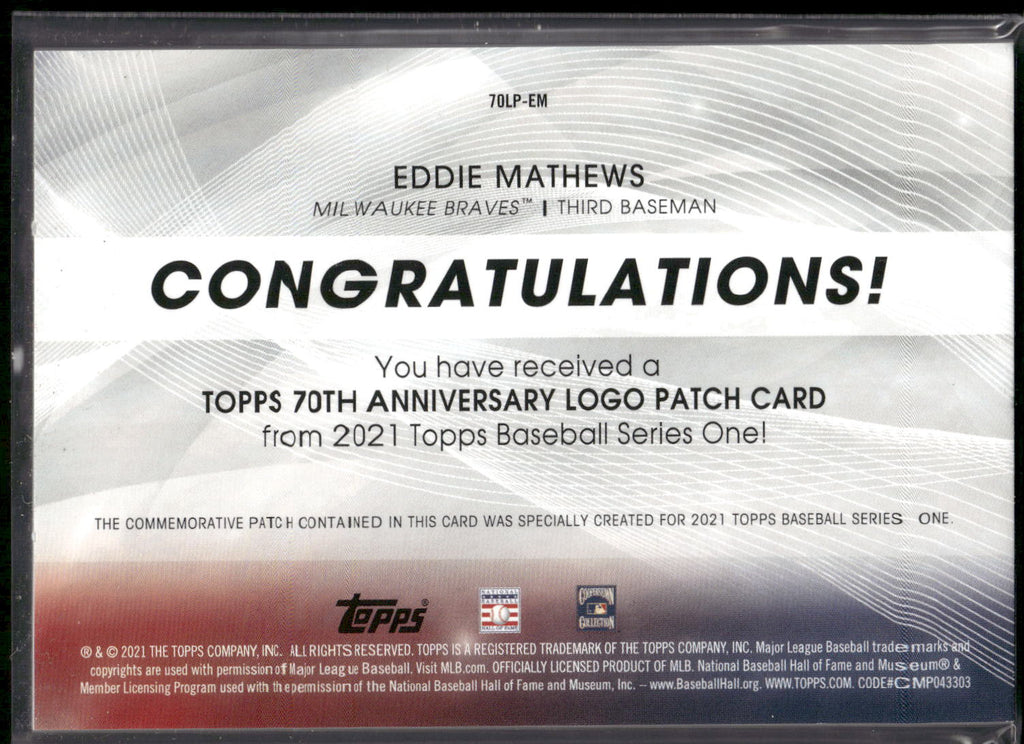 2021 Topps #70LP-EM Eddie Mathews 70th Anniversary Logo Patch (Series 1)