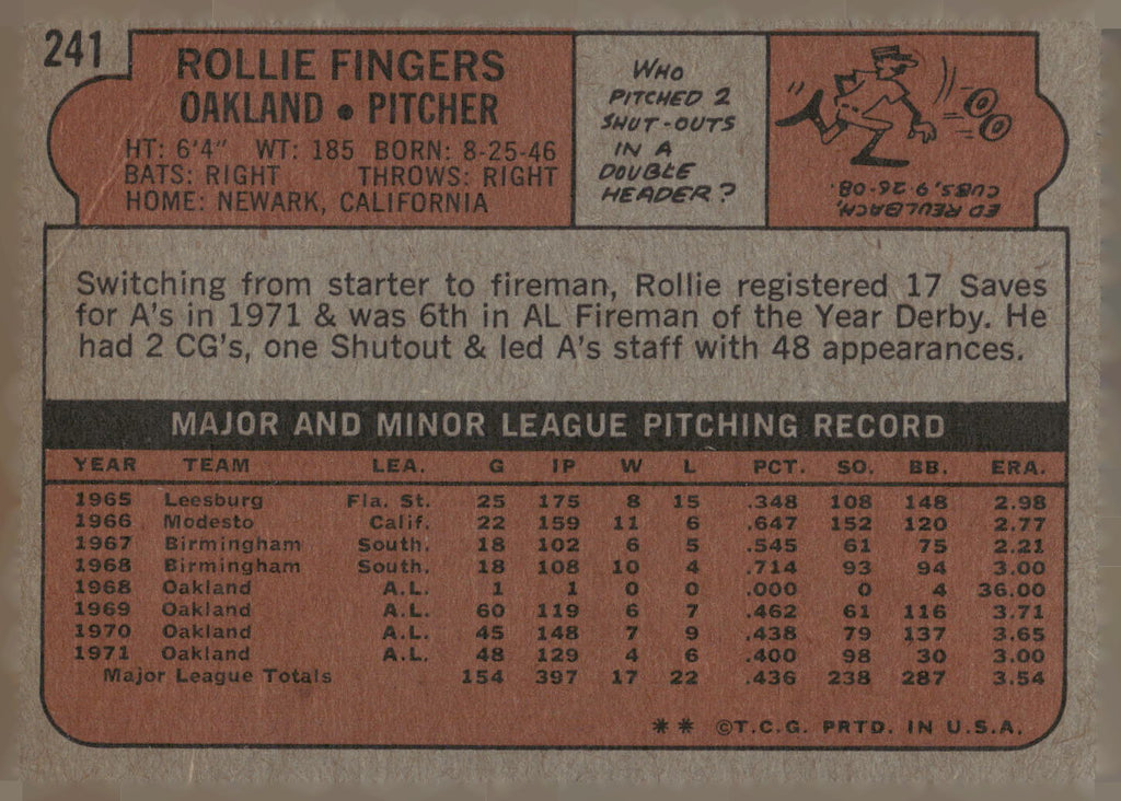 1972 Topps #241 Rollie Fingers