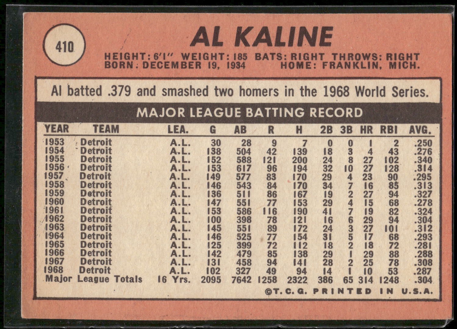1969 Topps #410 Al Kaline