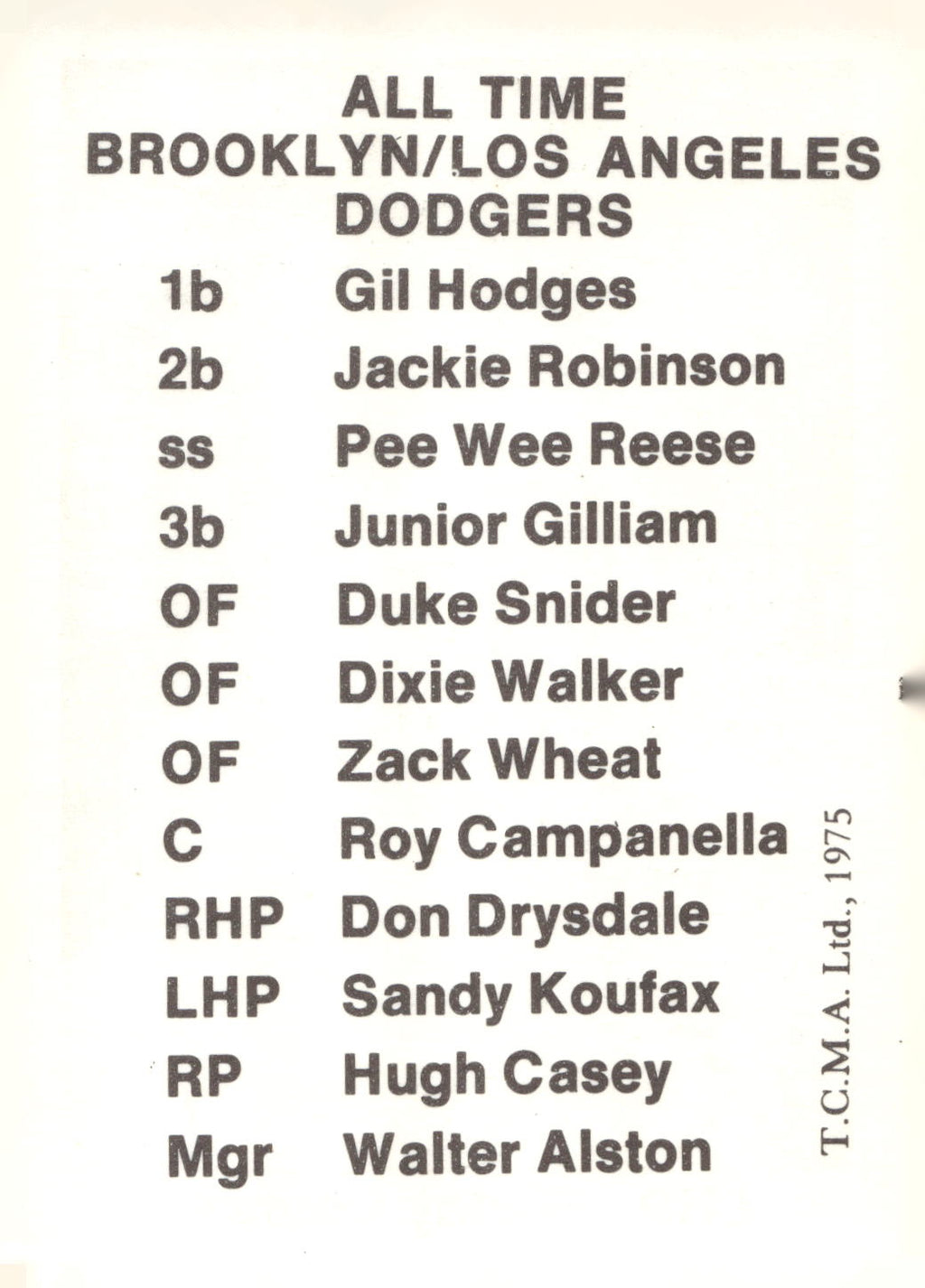 1975 TCMA All Time Brooklyn / Los Angeles Dodgers #NNO Sandy Koufax