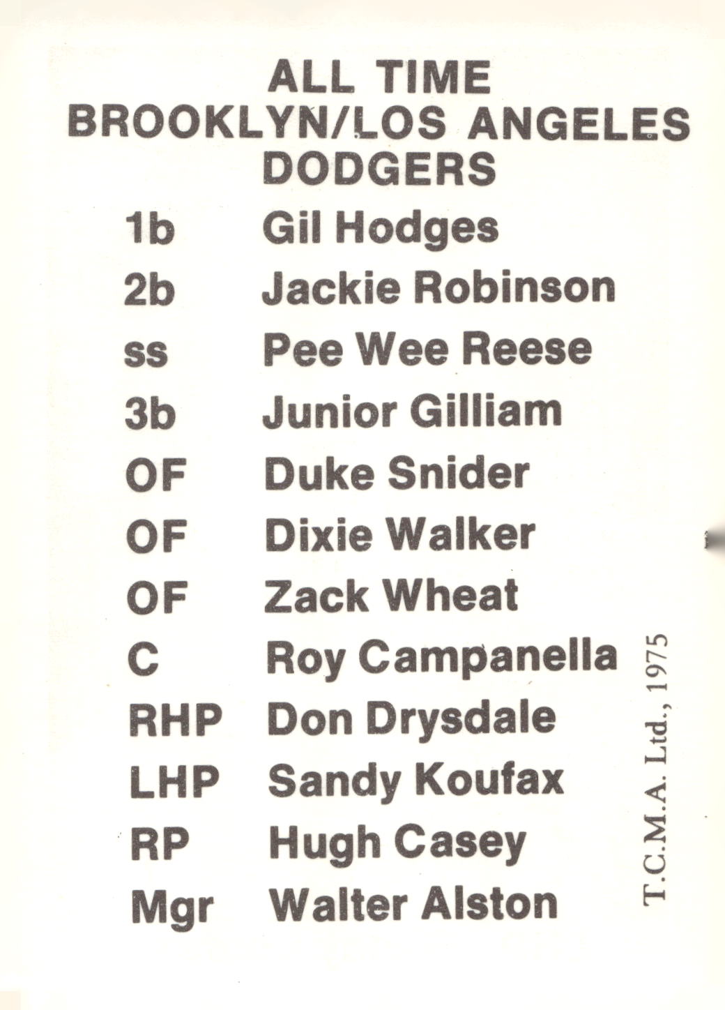 1975 TCMA All Time Brooklyn / Los Angeles Dodgers #NNO Sandy Koufax