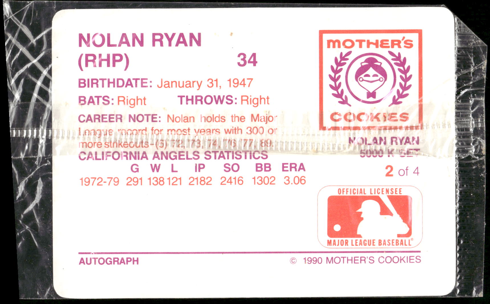 1990 Mother's Cookies Nolan Ryan #2 Nolan Ryan