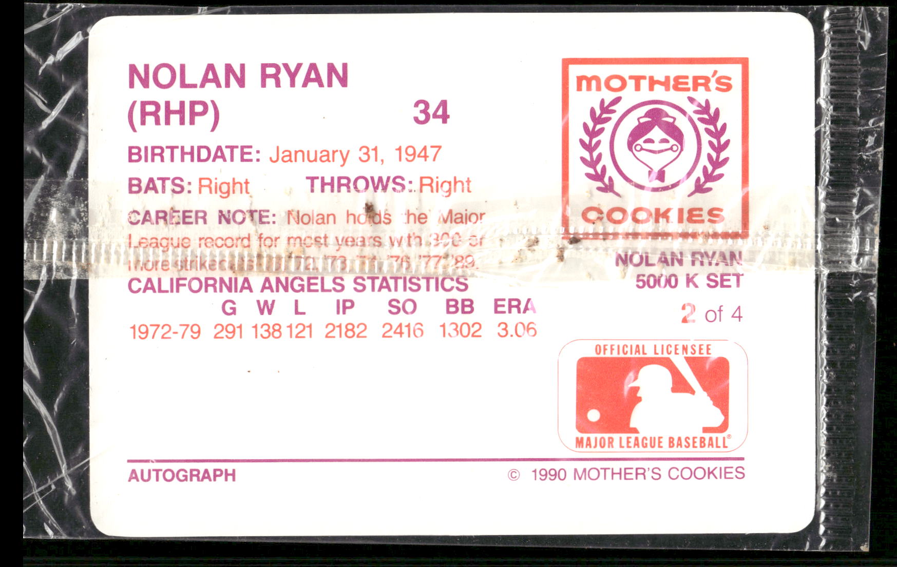1990 Mother's Cookies Nolan Ryan #2 Nolan Ryan