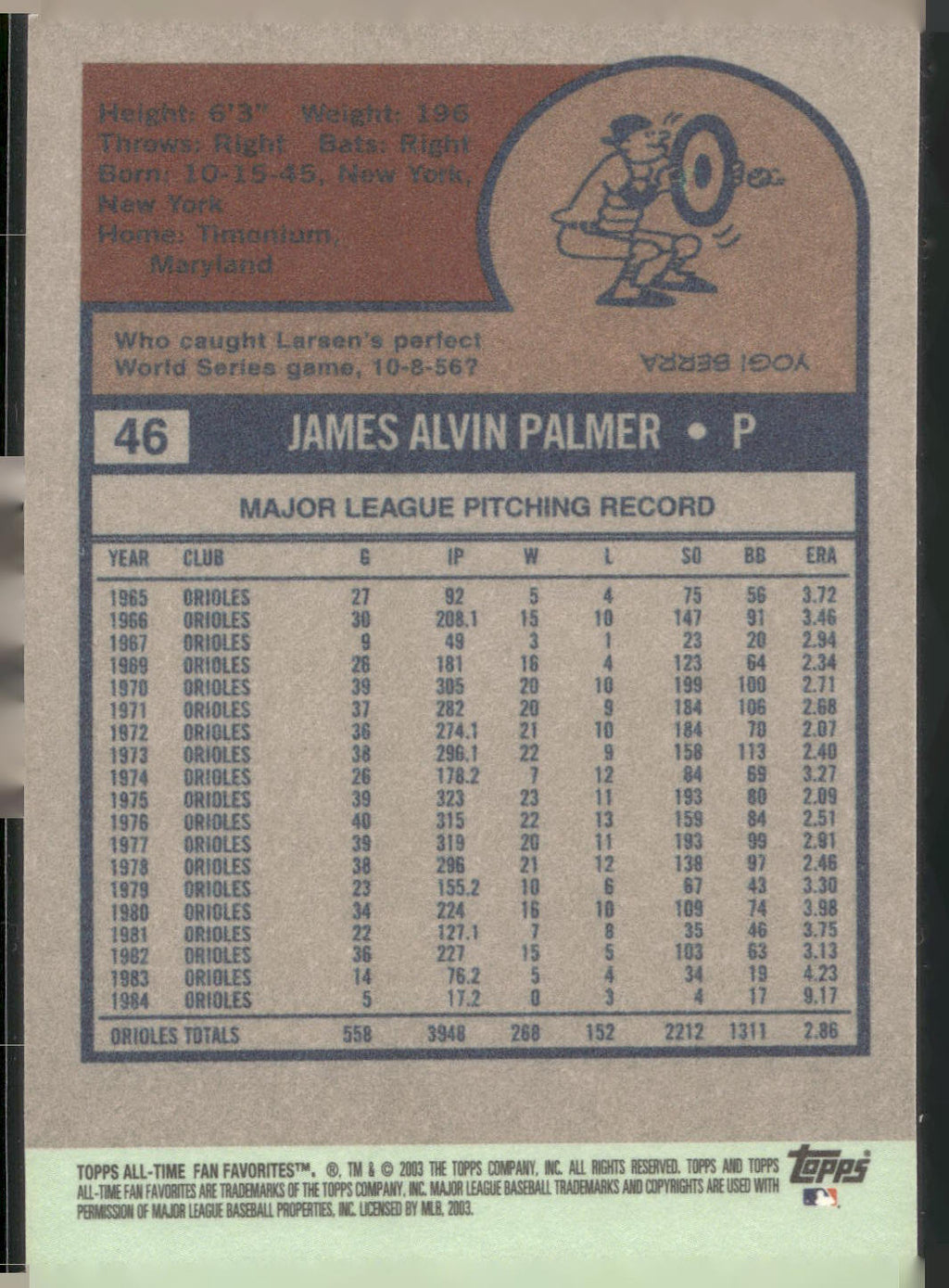 2003 Topps All-Time Fan Favorites #46 Jim Palmer