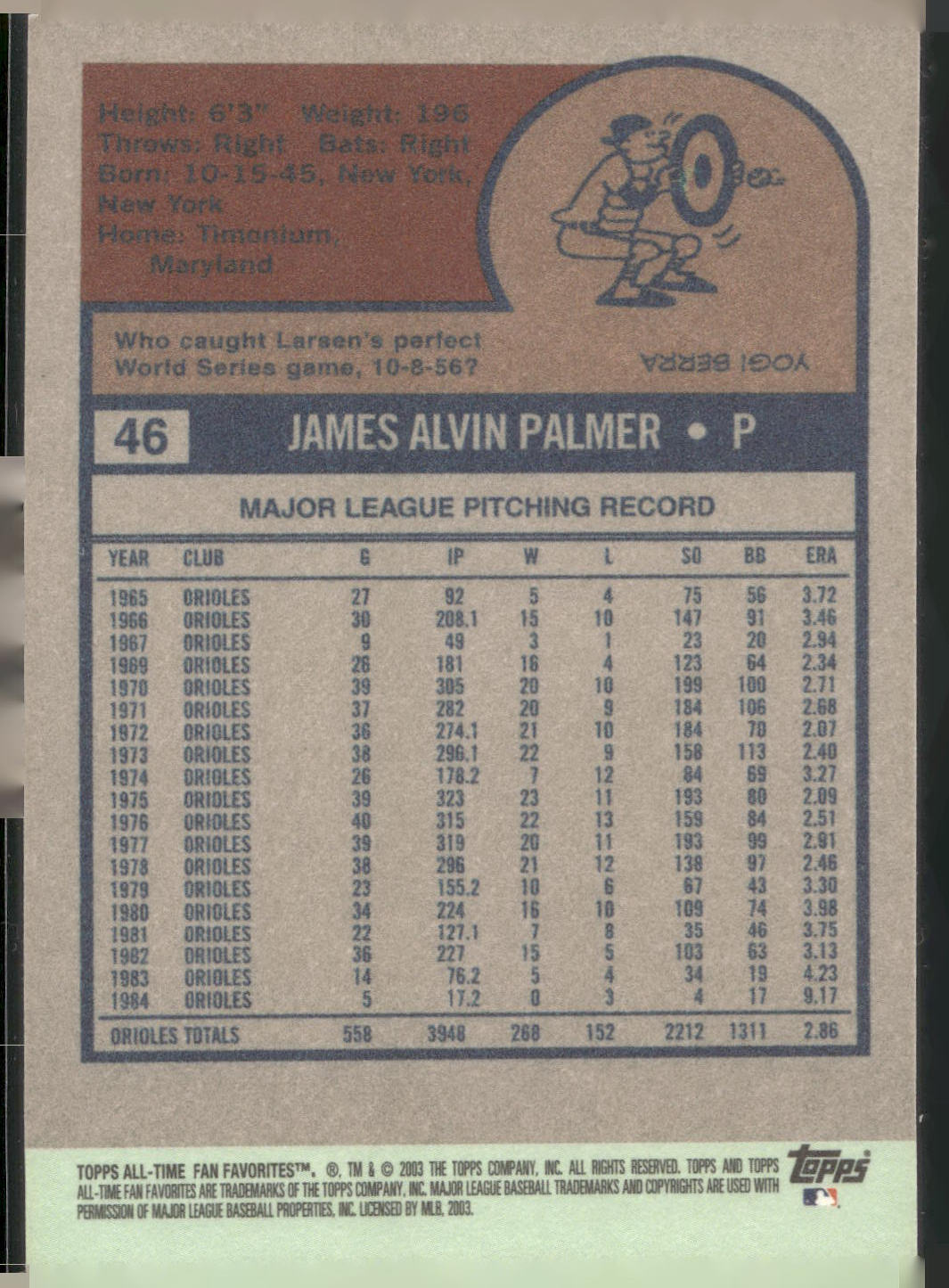 2003 Topps All-Time Fan Favorites #46 Jim Palmer