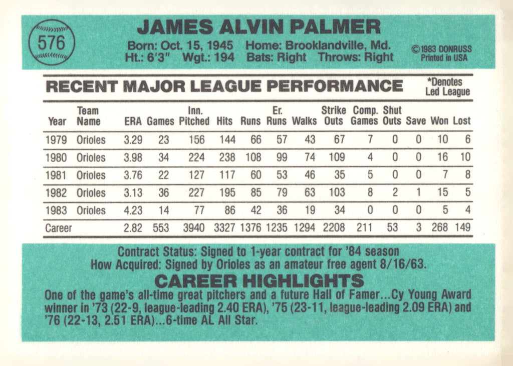 1984 Donruss #576 Jim Palmer