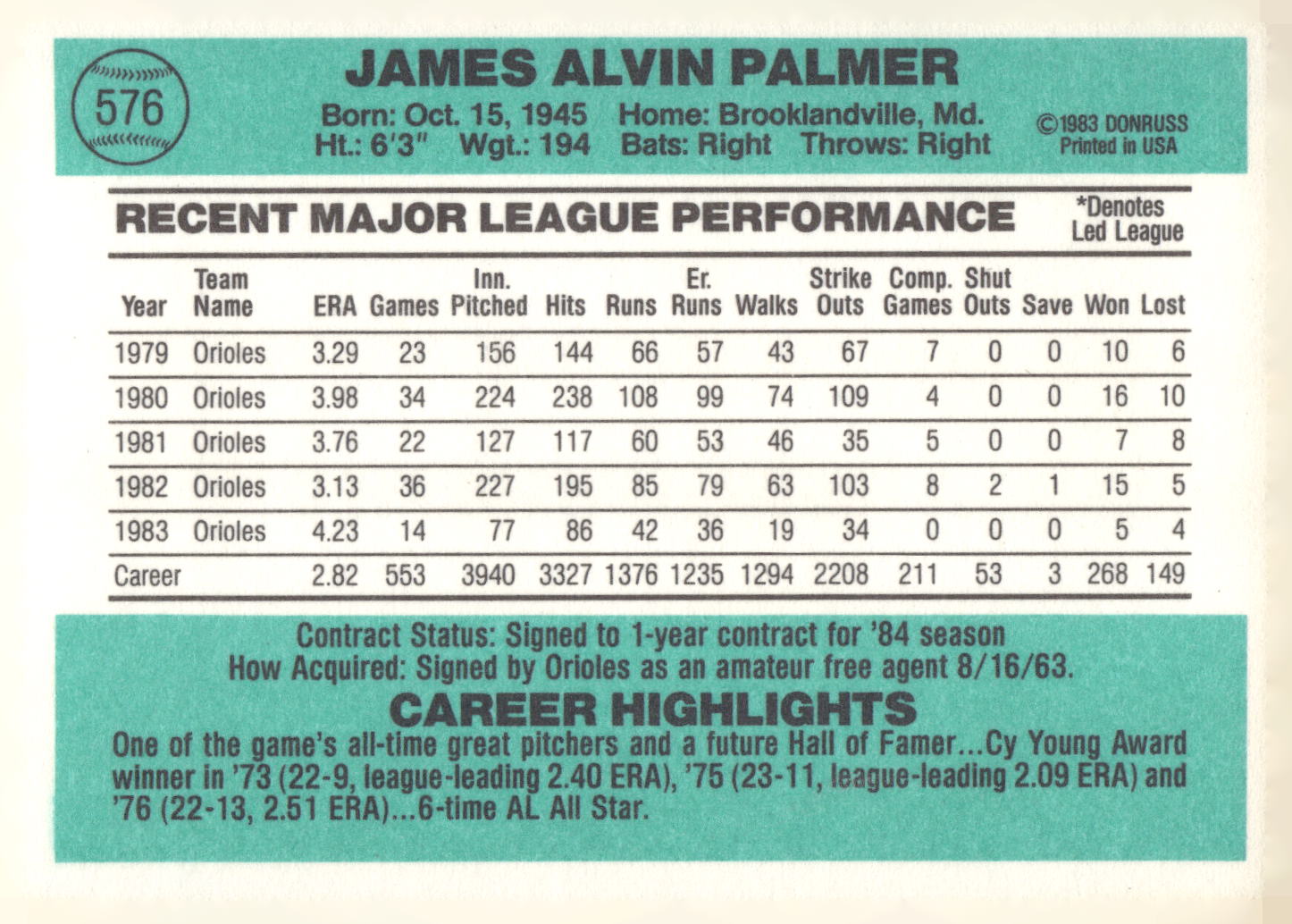 1984 Donruss #576 Jim Palmer