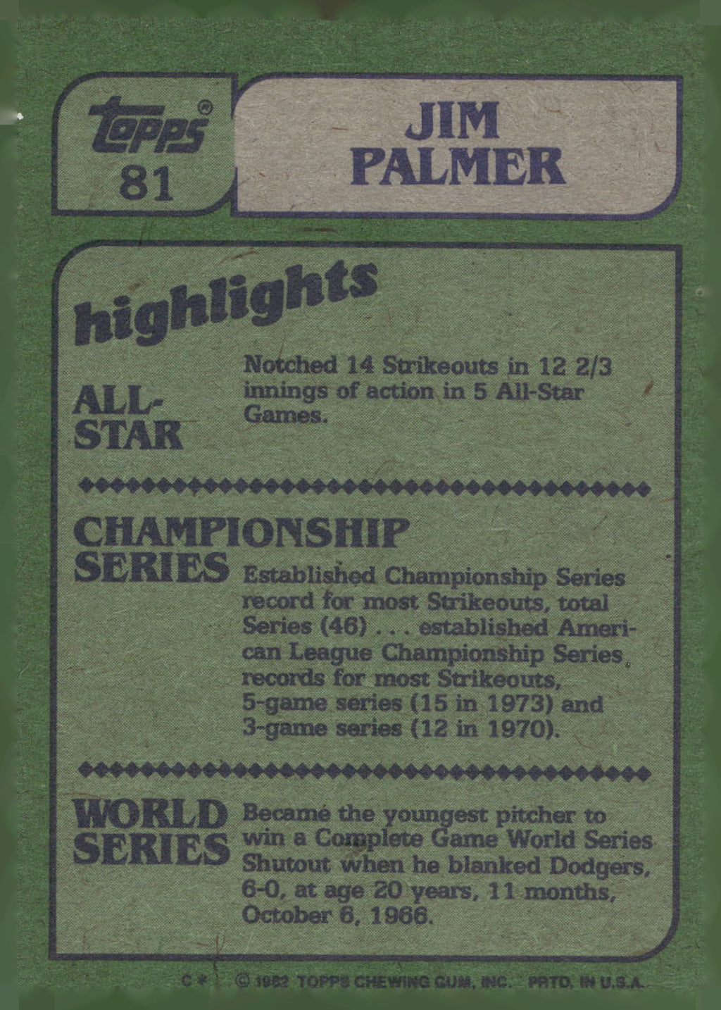 1982 Topps #81 Jim Palmer