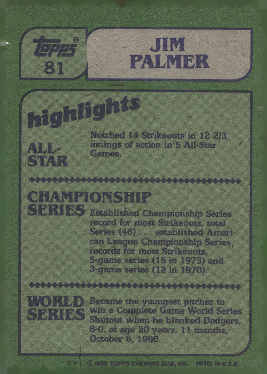 1982 Topps #81 Jim Palmer