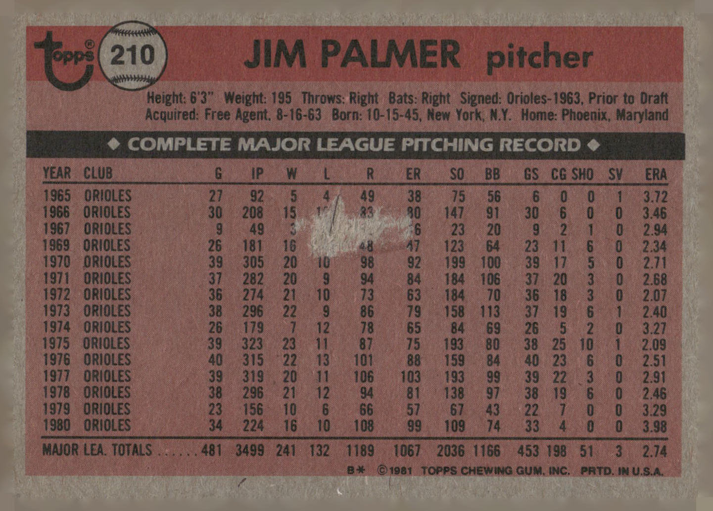 1981 Topps #210 Jim Palmer