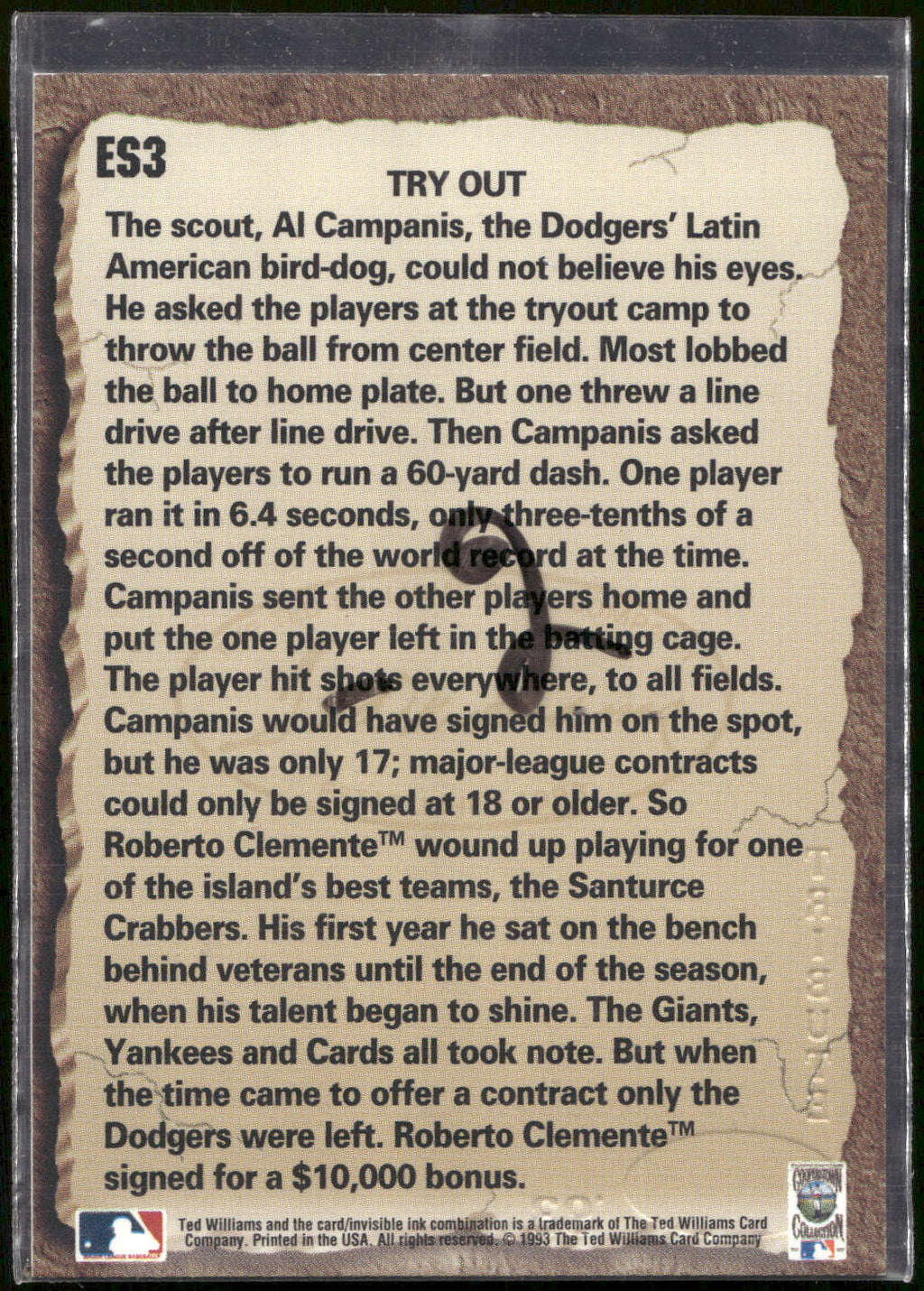 1993 Ted Williams #ES3 Roberto Clemente Roberto Clemente: Etched in Stone
