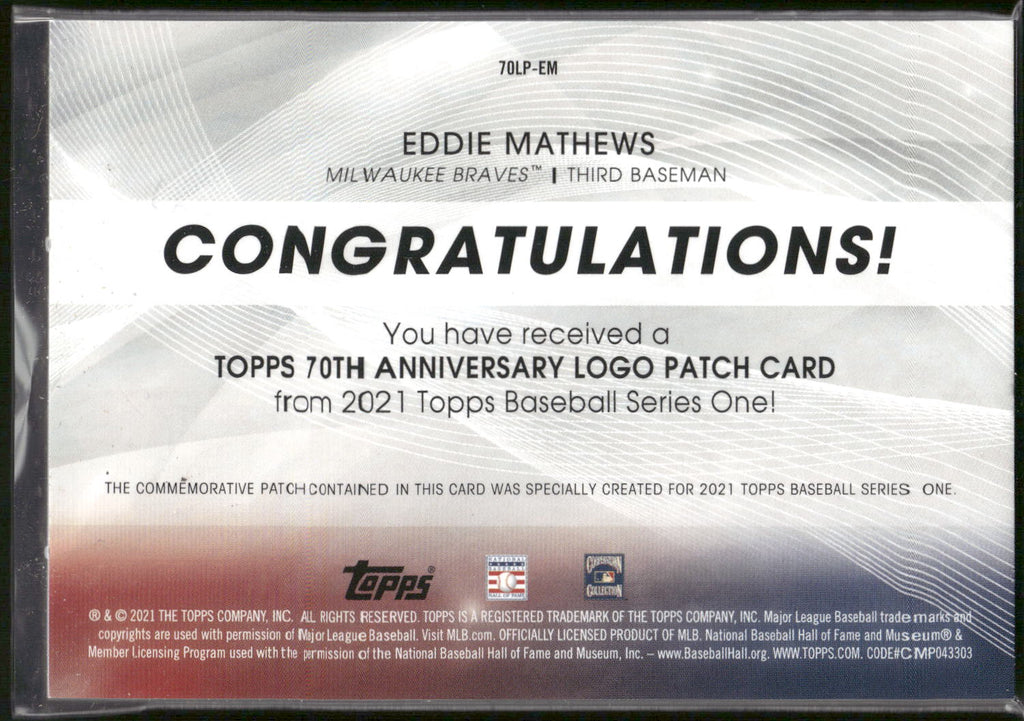 2021 Topps #70LP-EM Eddie Mathews 70th Anniversary Logo Patch (Series 1)