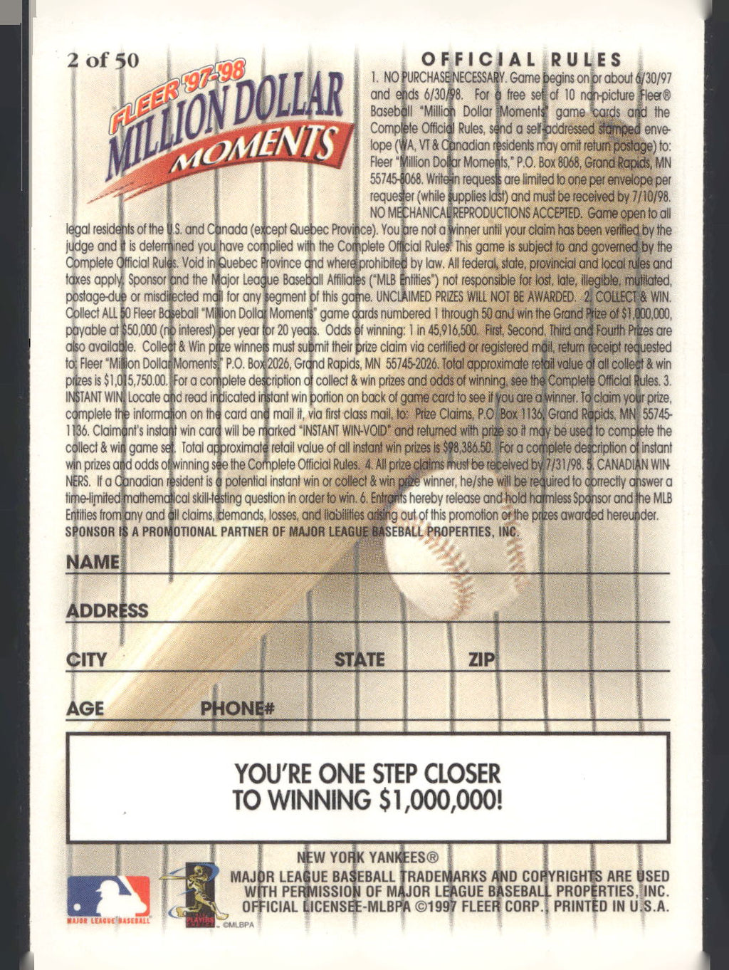 1997-98 Fleer Million Dollar Moments #2 Derek Jeter