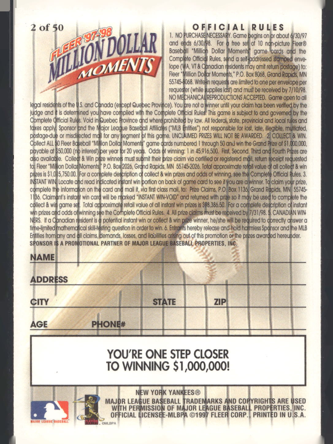 1997-98 Fleer Million Dollar Moments #2 Derek Jeter