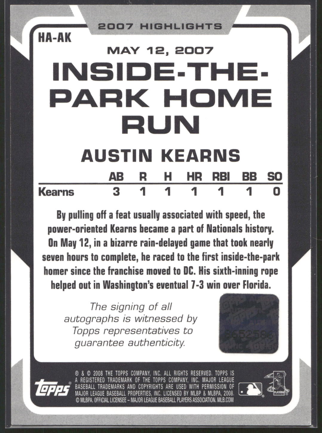 2008 Topps #HA-AK Austin Kearns 2007 Highlights Autographs