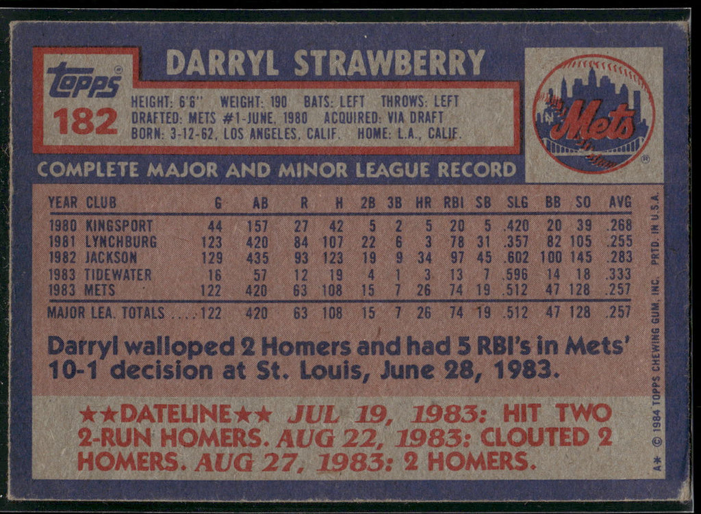 1984 Topps #182 Darryl Strawberry