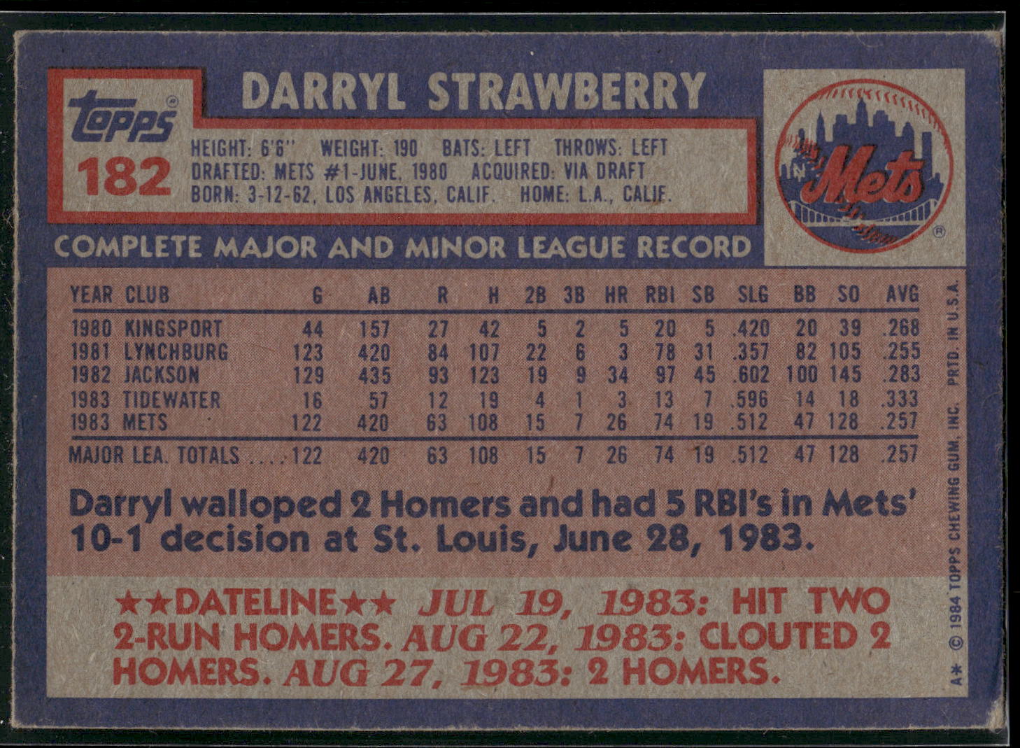1984 Topps #182 Darryl Strawberry