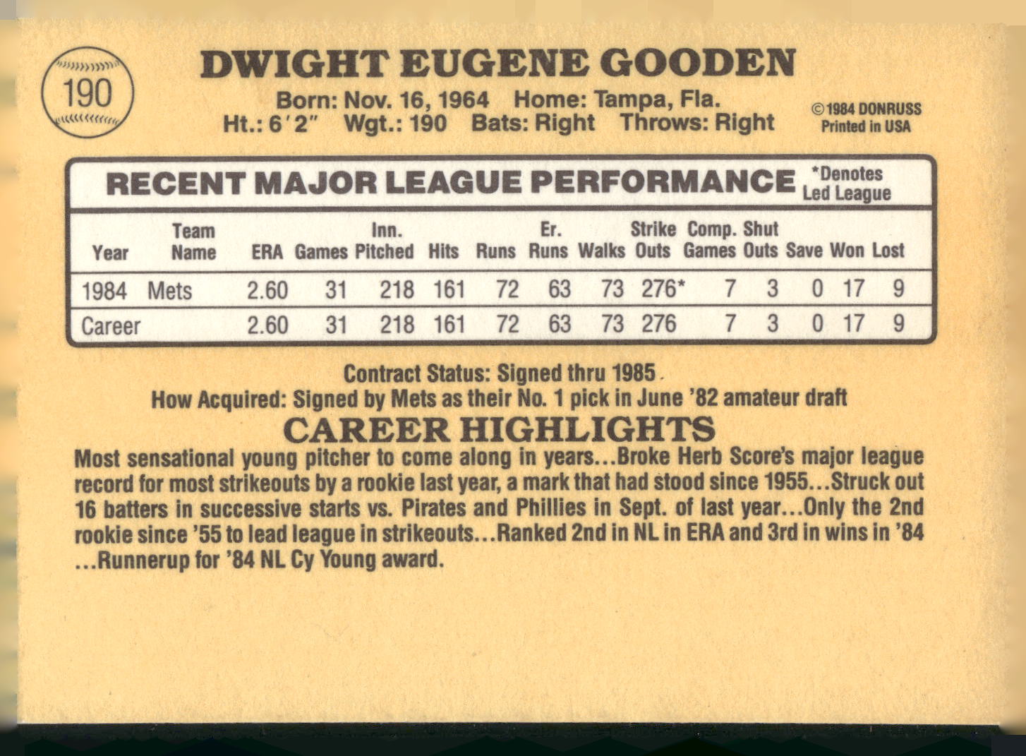 1985 Donruss #190 Dwight Gooden