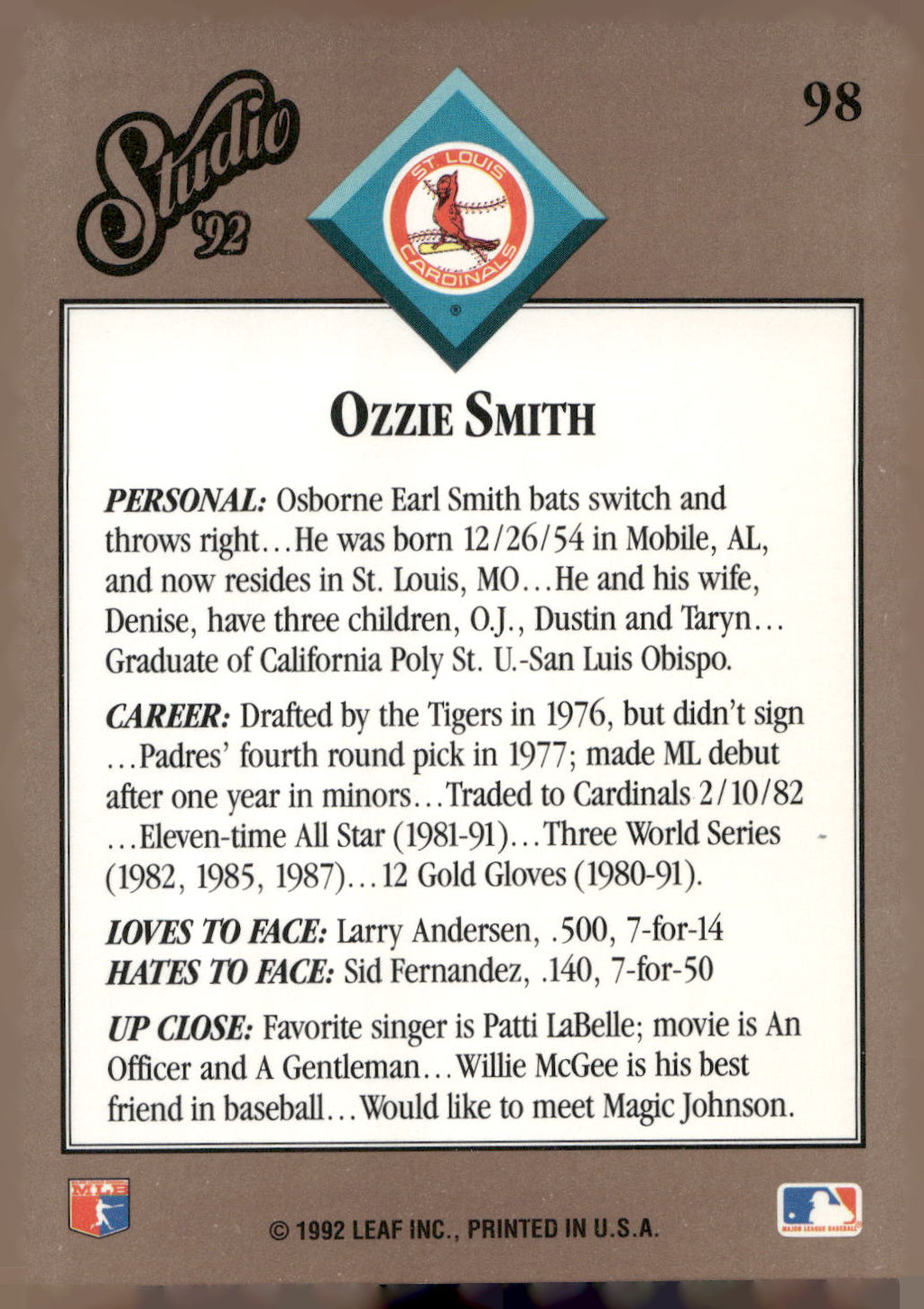 1992 Studio #98 Ozzie Smith