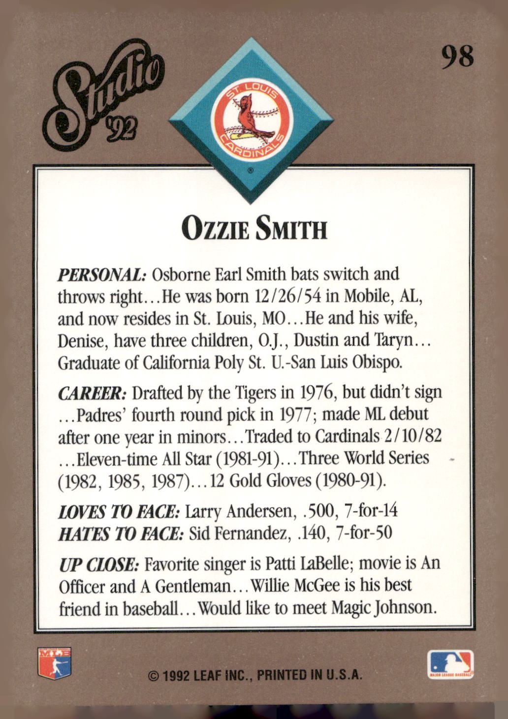 1992 Studio #98 Ozzie Smith
