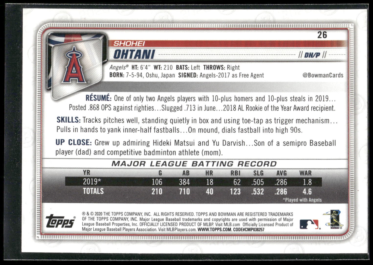2020 Bowman #26 Shohei Ohtani