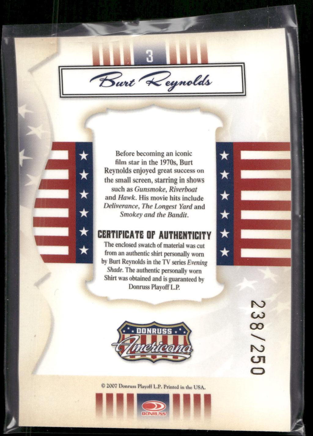 2007 Donruss Americana #3 Burt Reynolds Stars Material