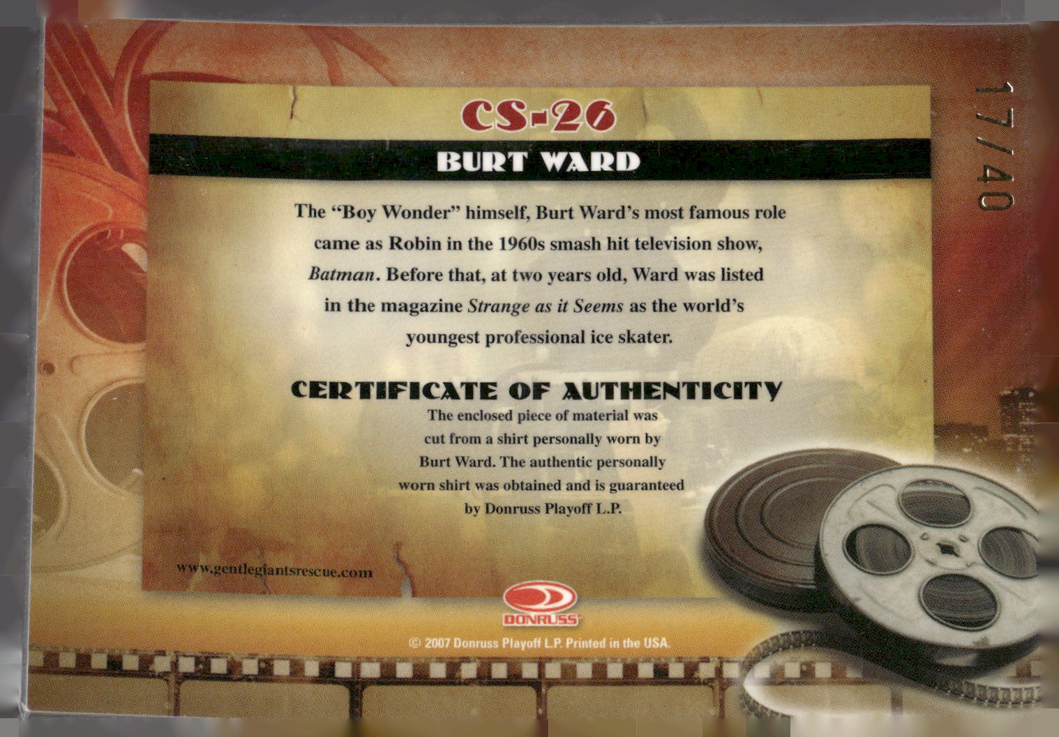 2007 Donruss Americana #CS-26 Burt Ward Cinema Stars Material Golden Era