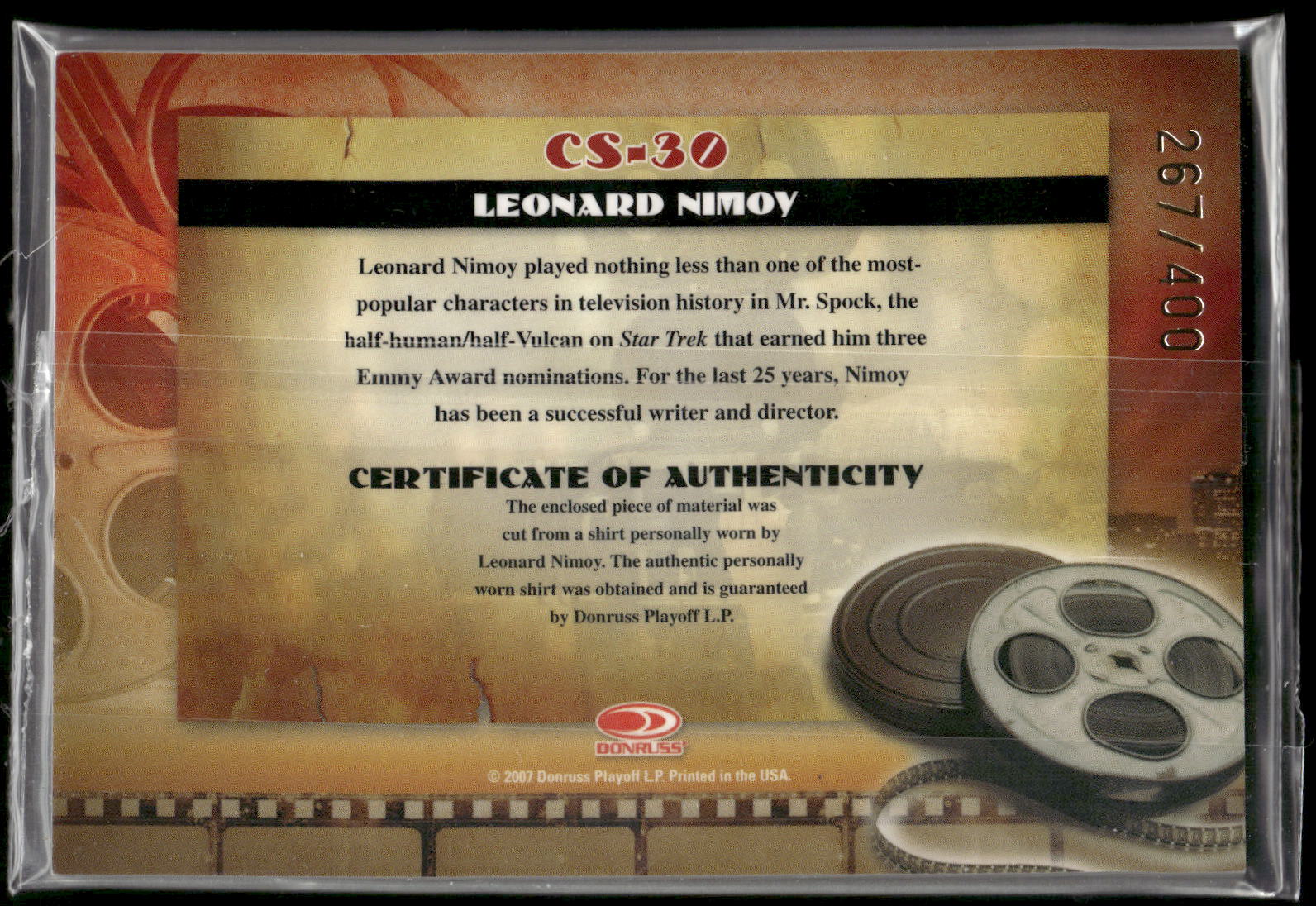 2007 Donruss Americana #CS-30 Leonard Nimoy Cinema Stars Material