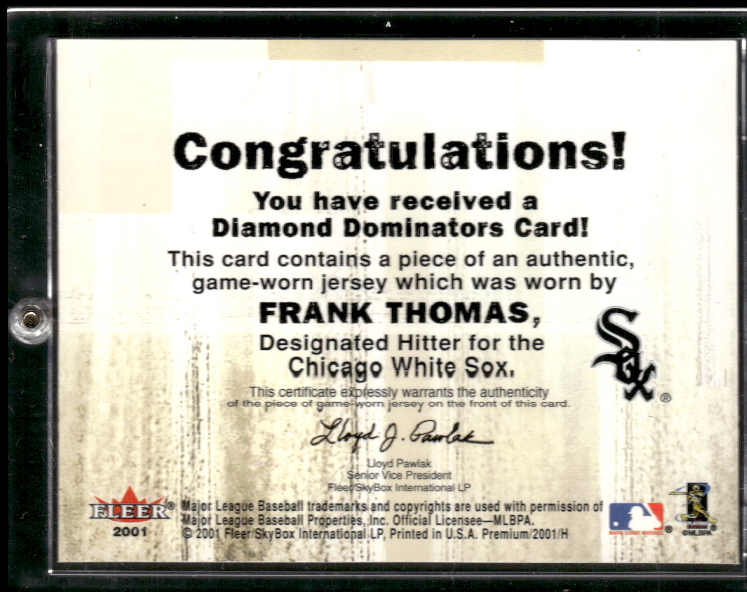 2001 Fleer Premium #NNO Frank Thomas Diamond Dominators Game Jersey