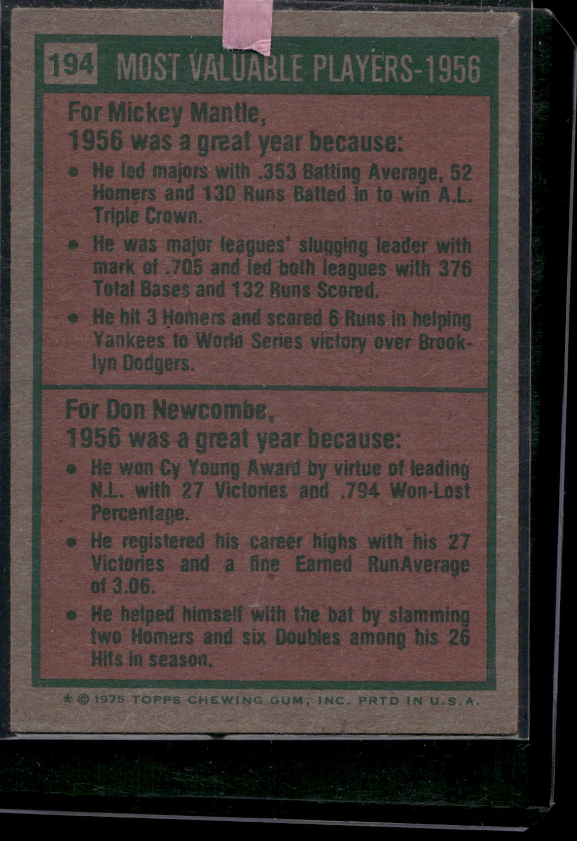 1975 Topps #194 1956 MVPs (Mickey Mantle / Don Newcombe)