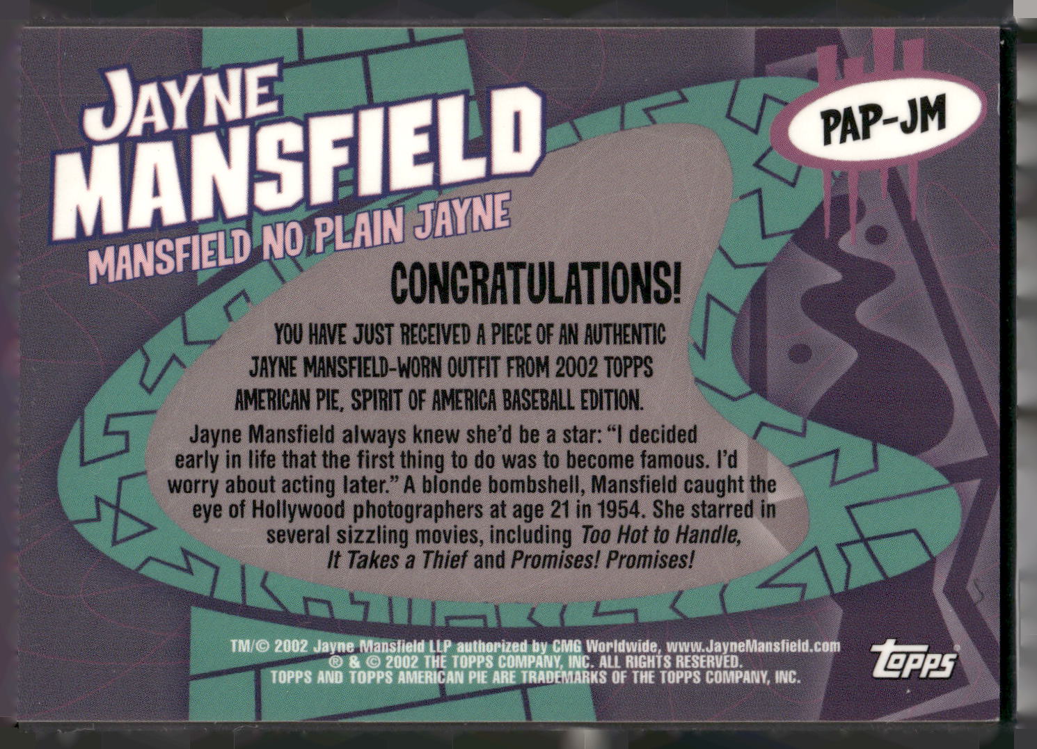2002 Topps American Pie #PAP-JM Jayne Mansfield
