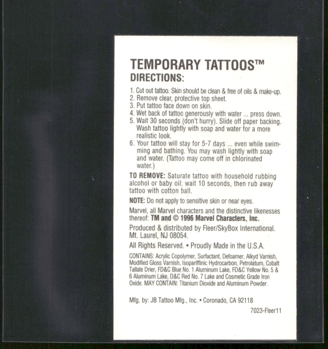 1996 Fleer/SkyBox Marvel Vision #Fleer11 Iron Man Marvel Vision Tattoos